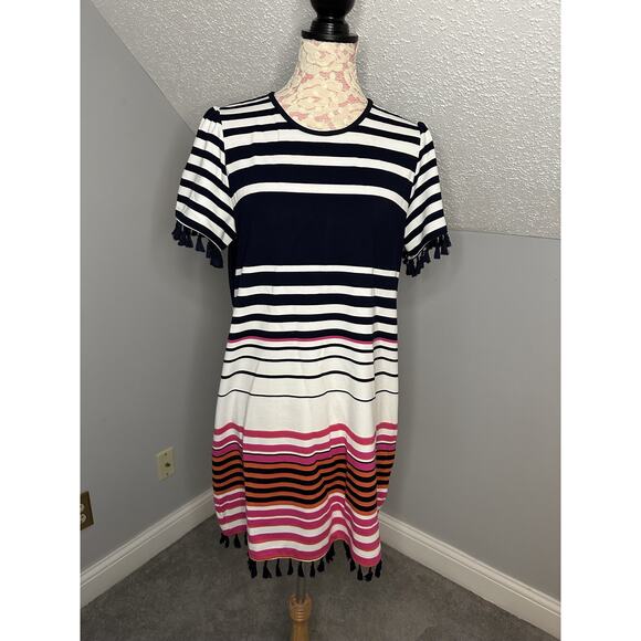 EUC Jade Melody Tam Short Slv Stripe Tassel Dress Sz L Navy Pink Orange White - Picture 1 of 6